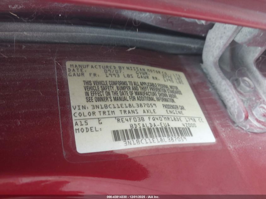 2008 Nissan Versa 1.8S VIN: 3N1BC11E18L387059 Lot: 43814330