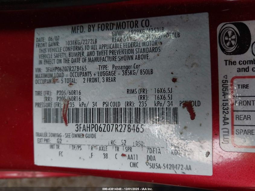 2007 Ford Fusion S VIN: 3FAHP06Z07R27846 Lot: 43814348