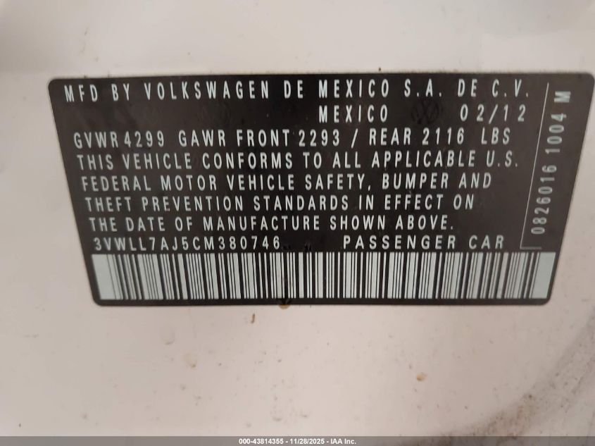 2012 Volkswagen Jetta 2.0L Tdi VIN: 3VWLL7AJ5CM380746 Lot: 43814355