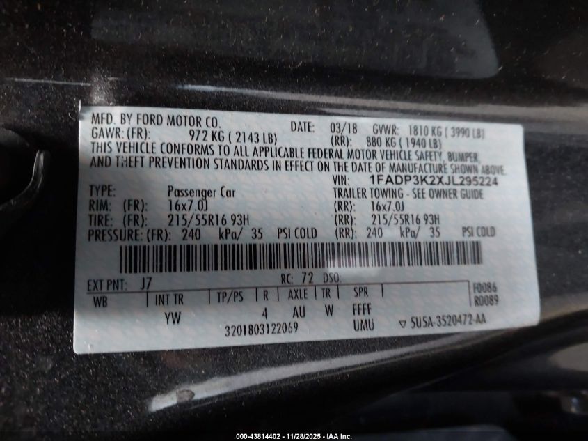 2018 Ford Focus Se VIN: 1FADP3K2XJL295224 Lot: 43814402