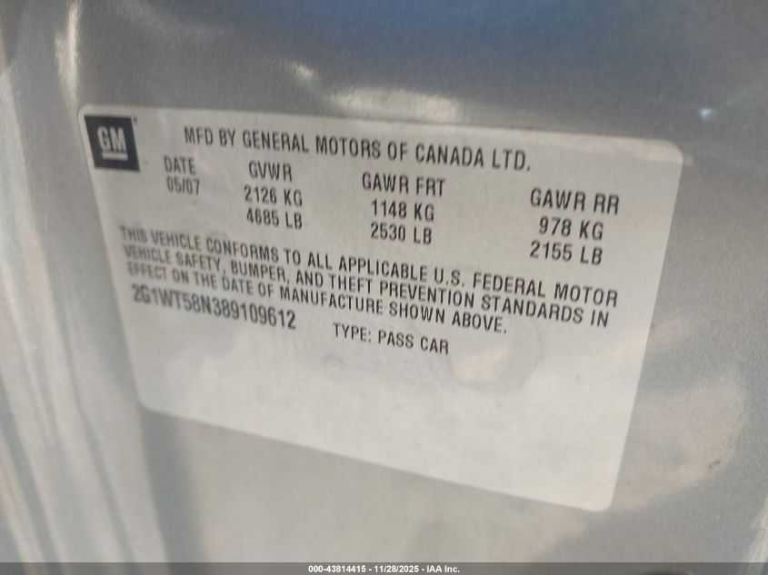 2008 Chevrolet Impala Lt VIN: 2G1WT58N389109612 Lot: 43814415