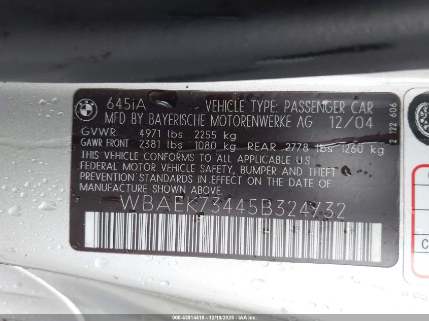 2005 BMW 645Ci VIN: WBAEK73445B324732 Lot: 43814418