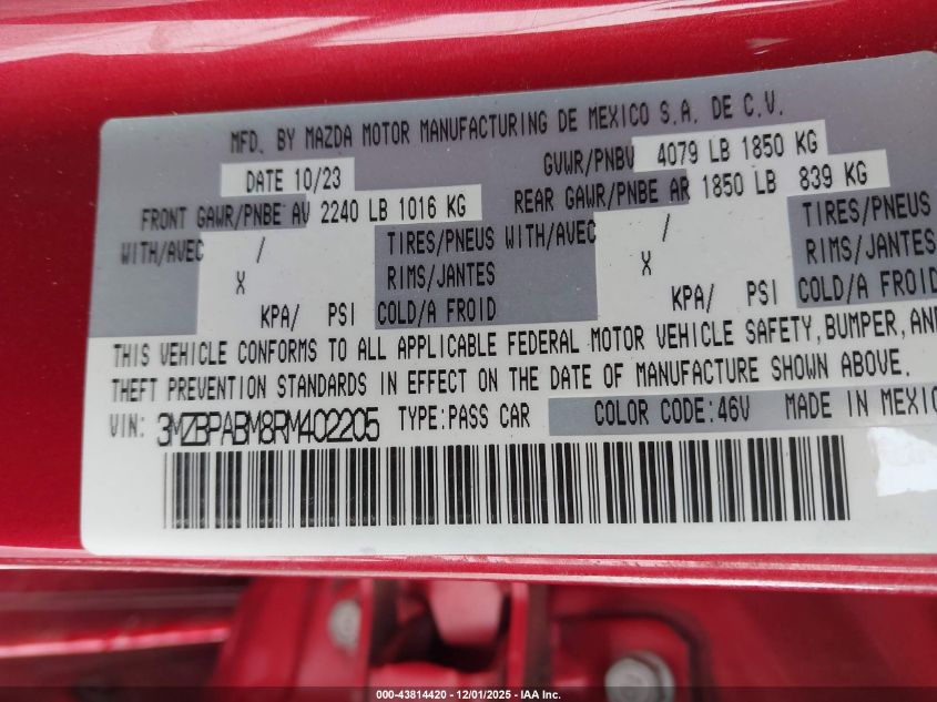 2024 Mazda Mazda3 2.5 S Select Sport VIN: 3MZBPABM8RM402205 Lot: 43814420