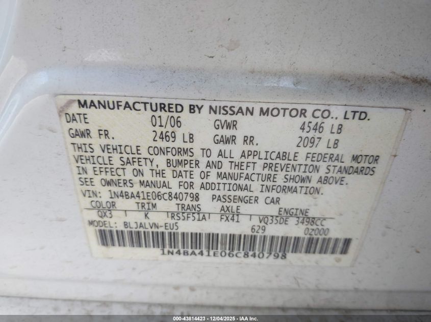 2006 Nissan Maxima 3.5 Se VIN: 1N4BA41E06C840798 Lot: 43814423