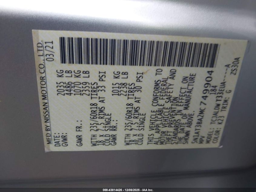 2021 Nissan Rogue Sv Fwd VIN: 5N1AT3BA2MC749904 Lot: 43814426