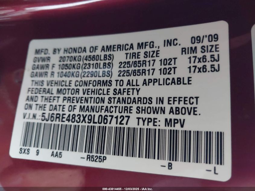 2009 Honda Cr-V Lx VIN: 5J6RE483X9L067127 Lot: 43814455