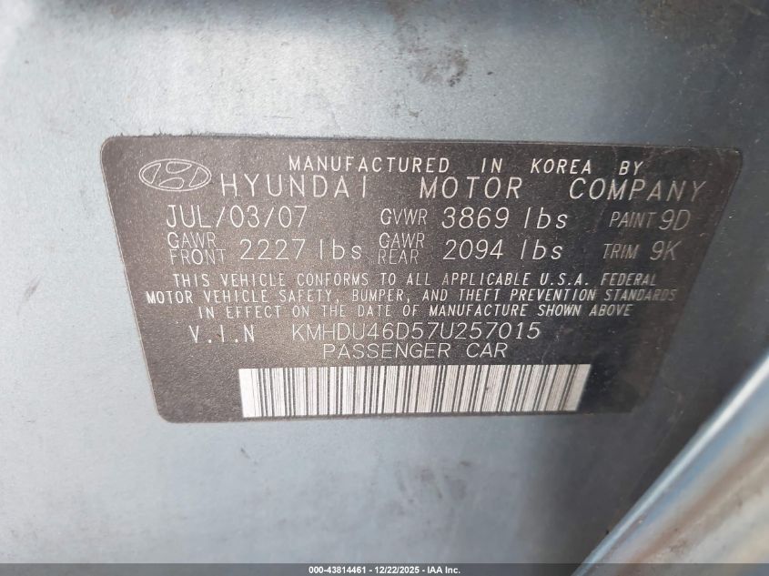 2007 Hyundai Elantra Gls/Limited/Se VIN: KMHDU46D57U257015 Lot: 43814461