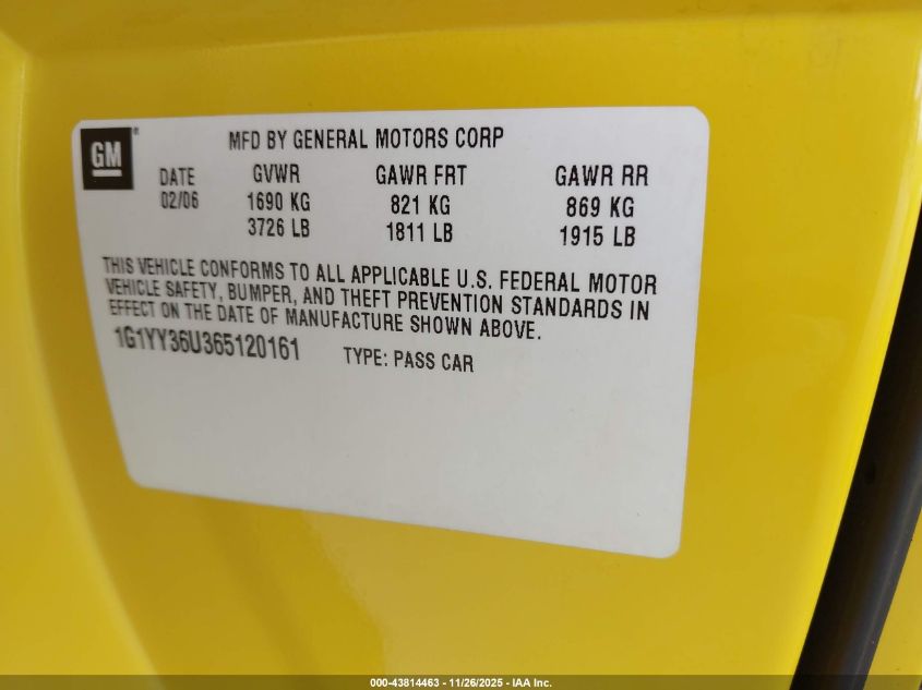 2006 Chevrolet Corvette VIN: 1G1YY36U365120161 Lot: 43814463