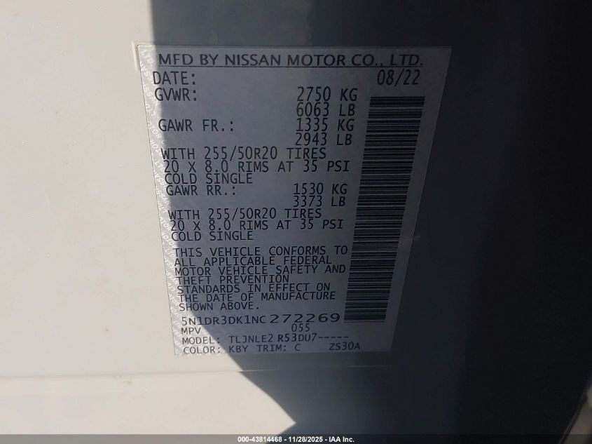 2022 Nissan Pathfinder Platinum 4Wd VIN: 5N1DR3DK1NC272269 Lot: 43814468