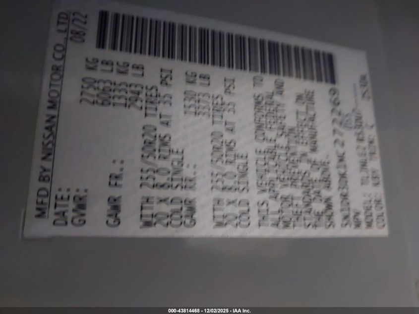 2022 Nissan Pathfinder Platinum 4Wd VIN: 5N1DR3DK1NC272269 Lot: 43814468