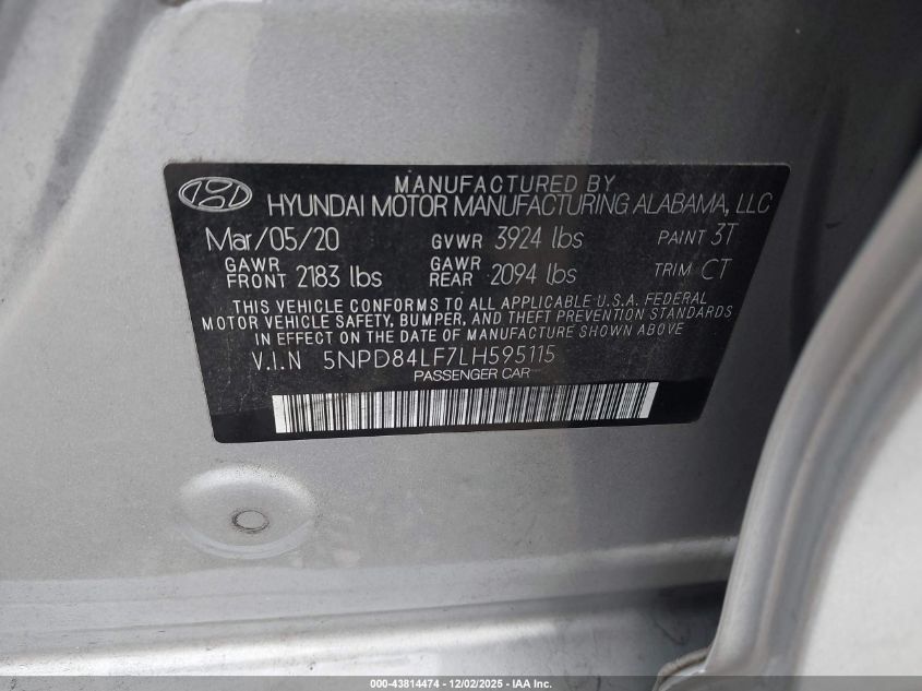 2020 Hyundai Elantra Sel VIN: 5NPD84LF7LH595115 Lot: 43814474