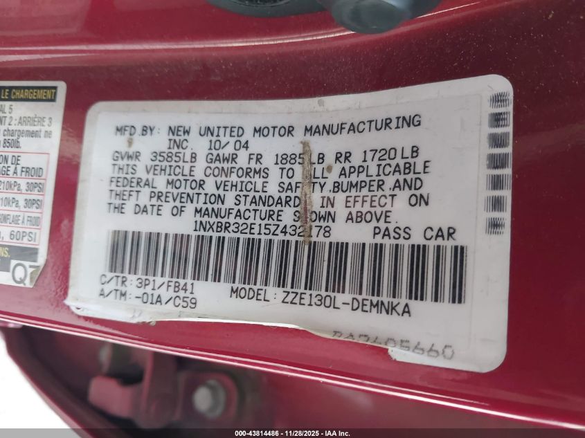 2005 Toyota Corolla Le VIN: 1NXBR32E15Z432178 Lot: 43814486