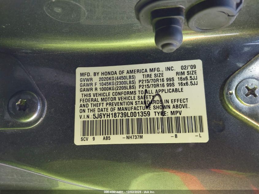 2009 Honda Element Ex VIN: 5J6YH18739L001359 Lot: 43814491