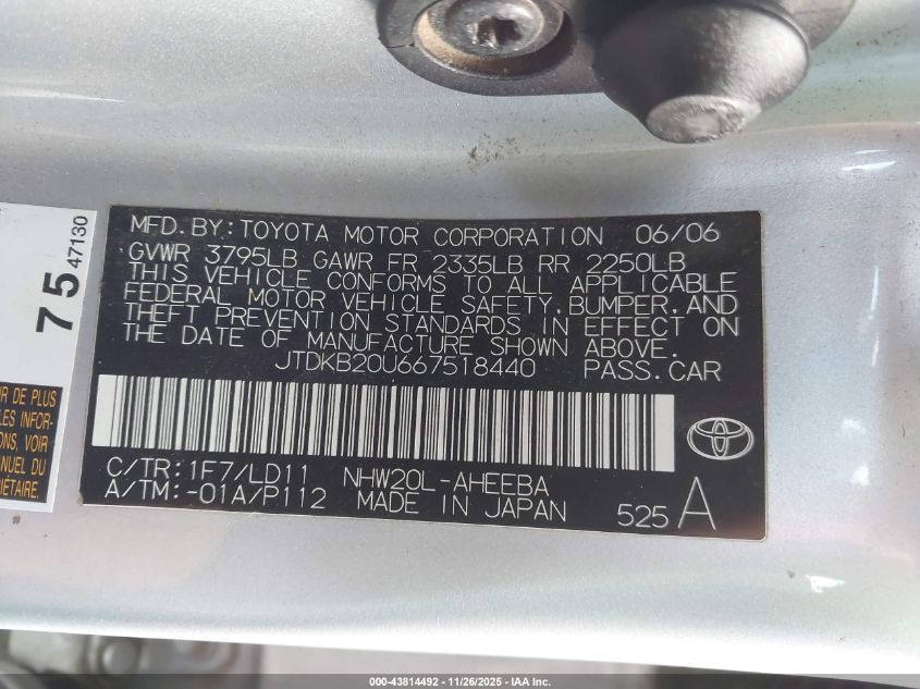 2006 Toyota Prius VIN: JTDKB20U667518440 Lot: 43814492