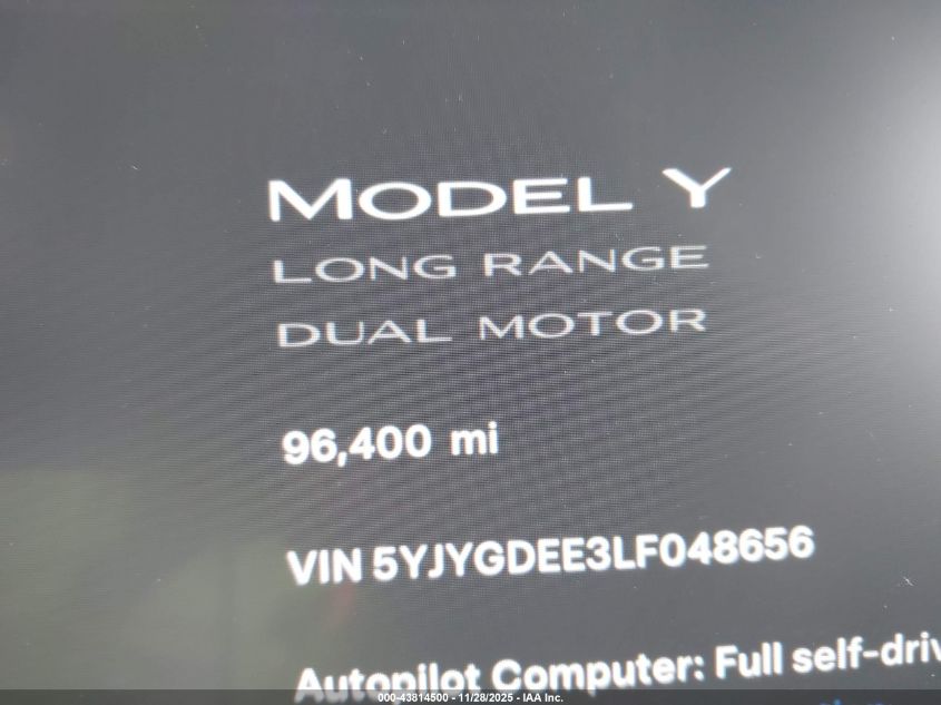 2020 Tesla Model Y Long Range Dual Motor All-Wheel Drive VIN: 5YJYGDEE3LF048656 Lot: 43814500