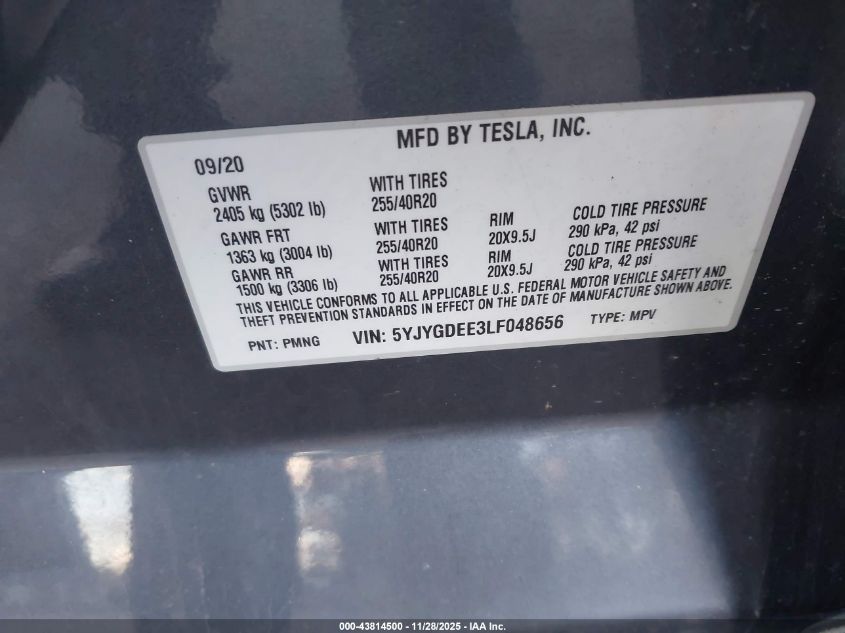 2020 Tesla Model Y Long Range Dual Motor All-Wheel Drive VIN: 5YJYGDEE3LF048656 Lot: 43814500