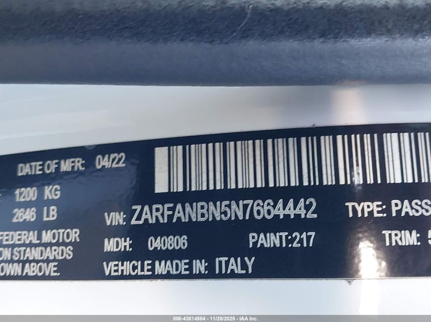 2022 Alfa Romeo Giulia Veloce Awd VIN: ZARFANBN5N7664442 Lot: 43814504