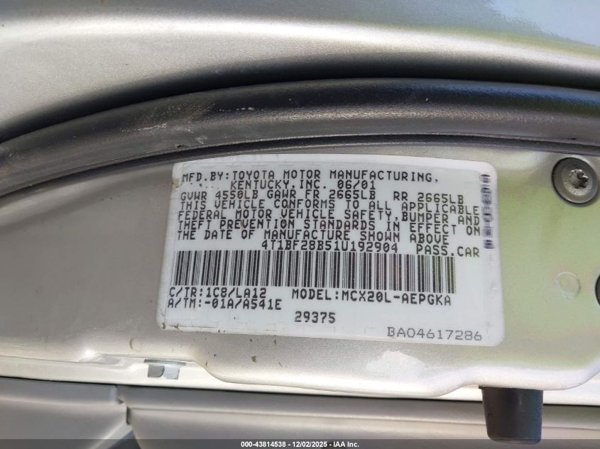 2001 Toyota Avalon Xls VIN: 4T1BF28B51U192904 Lot: 43814538