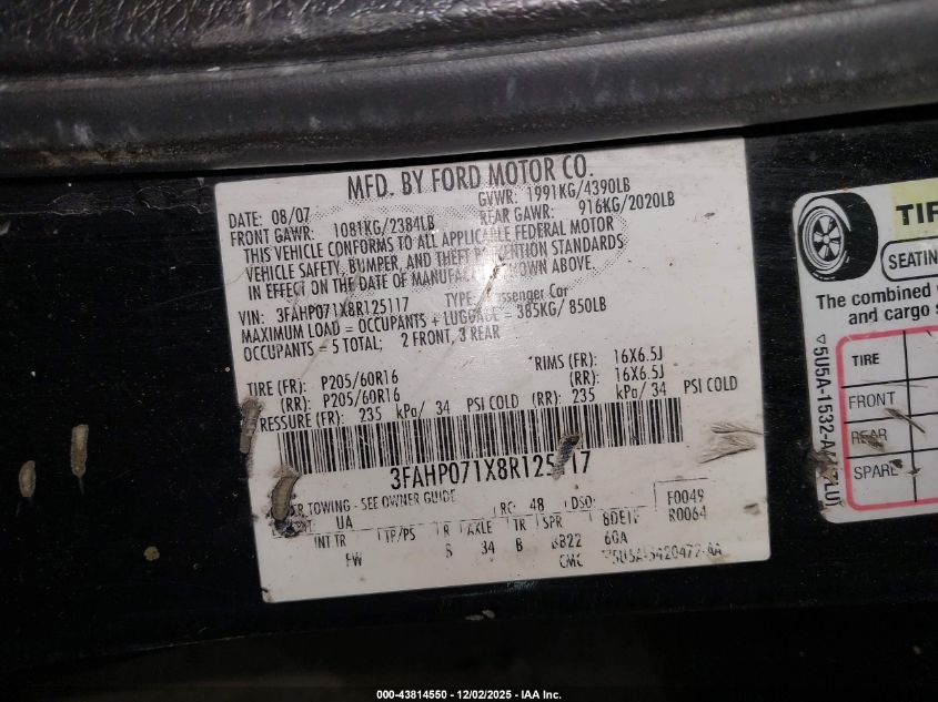 2008 Ford Fusion Se VIN: 3FAHP071X8R125117 Lot: 43814550