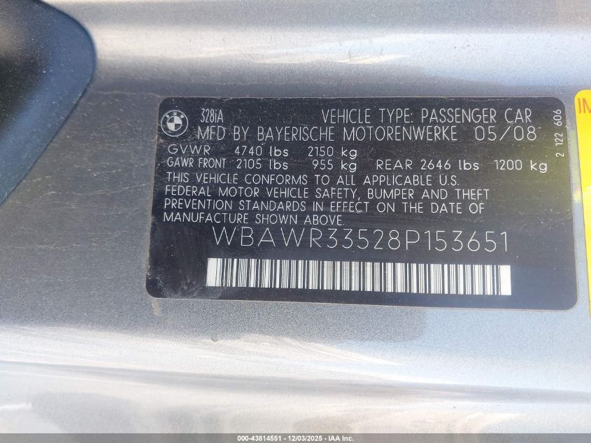 2008 BMW 328I VIN: WBAWR33528P153651 Lot: 43814551