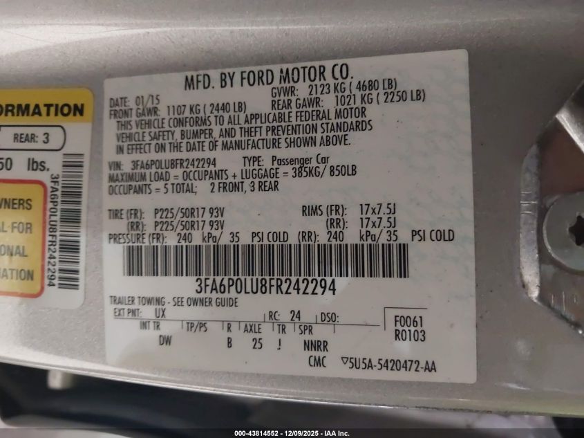 2015 Ford Fusion Hybrid Se VIN: 3FA6P0LU8FR242294 Lot: 43814552