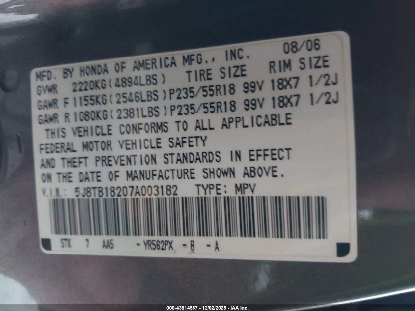 2007 Acura Rdx VIN: 5J8TB18207A003182 Lot: 43814557