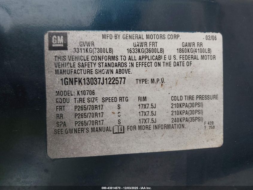2007 Chevrolet Tahoe Lt VIN: 1GNFK13037J122577 Lot: 43814570