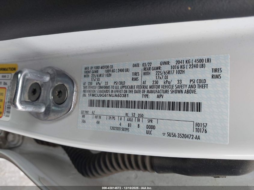 2022 Ford Escape Se VIN: 1FMCU9G61NUA60381 Lot: 43814572