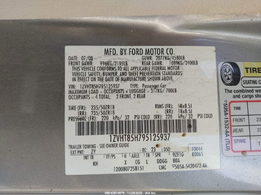 2009 Ford Mustang Gt/Gt Premium VIN: 1ZVHT85H795125937 Lot: 43814579
