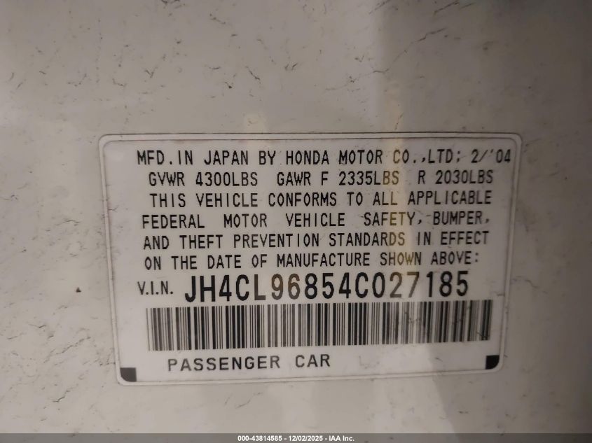 2004 Acura Tsx VIN: JH4CL96854C027185 Lot: 43814585