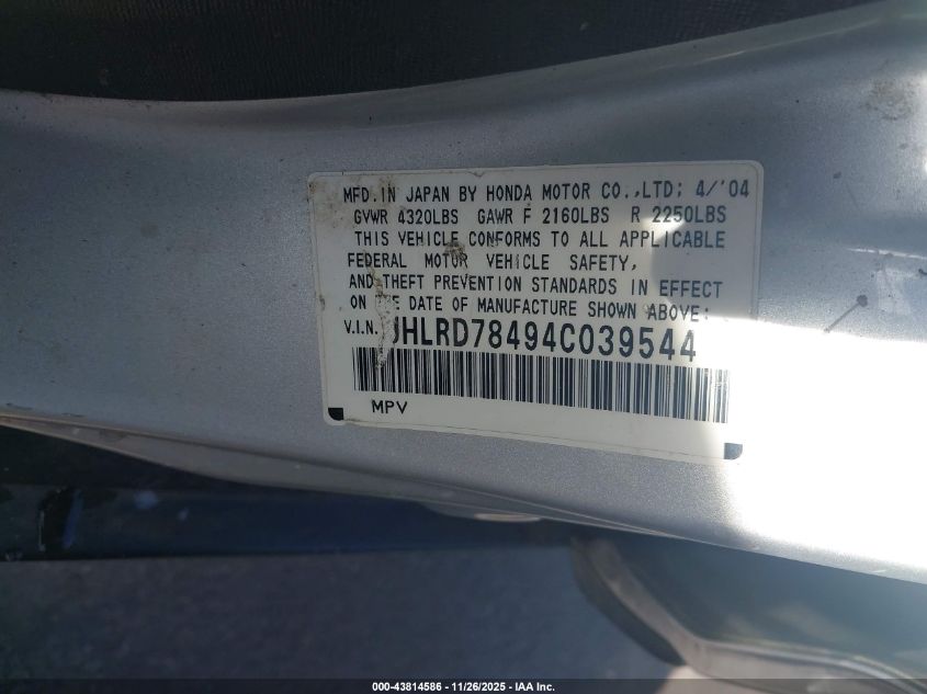 2004 Honda Cr-V Lx VIN: JHLRD78494C039544 Lot: 43814586