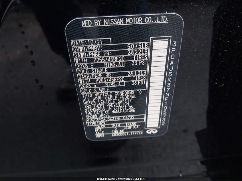 2022 Infiniti Qx55 Essential Awd VIN: 3PCAJ5K37NF105732 Lot: 43814590