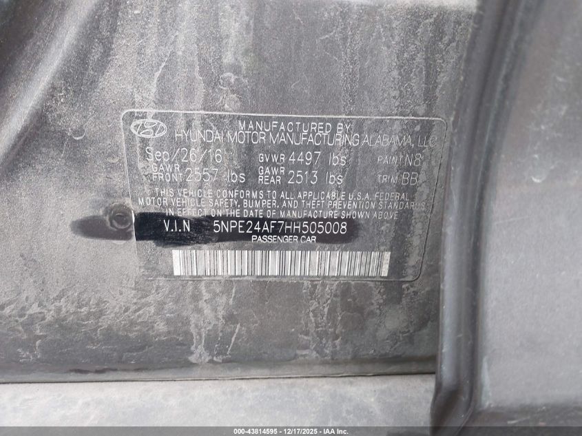 2017 Hyundai Sonata Se VIN: 5NPE24AF7HH505008 Lot: 43814595