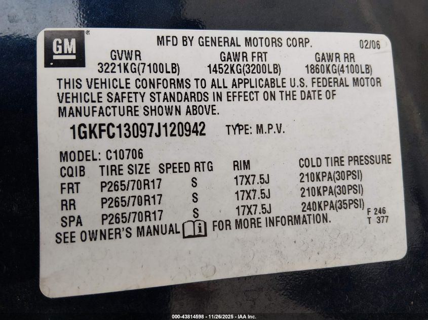 2007 GMC Yukon Slt VIN: 1GKFC13097J120942 Lot: 43814598