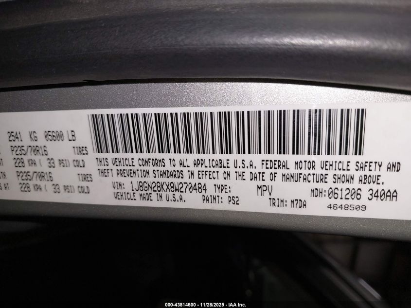 2008 Jeep Liberty Sport VIN: 1J8GN28KX8W270484 Lot: 43814600