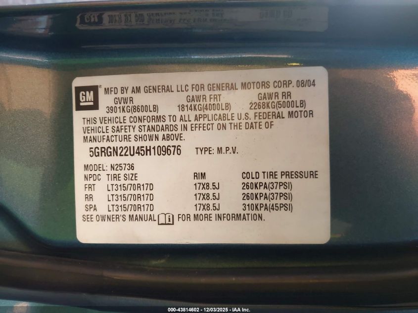 2005 Hummer H2 Sut VIN: 5GRGN22U45H109676 Lot: 43814602