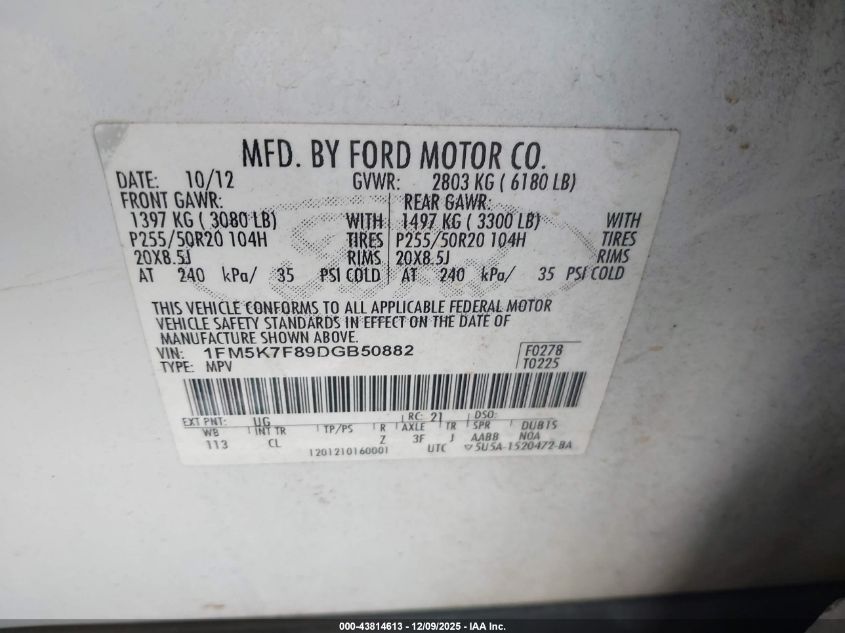 2013 Ford Explorer Limited VIN: 1FM5K7F89DGB50882 Lot: 43814613