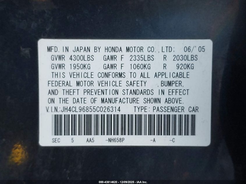 2005 Acura Tsx VIN: JH4CL96855C026314 Lot: 43814620