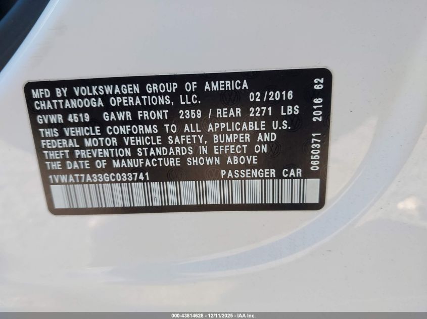 2016 Volkswagen Passat 1.8T S VIN: 1VWAT7A33GC033741 Lot: 43814628