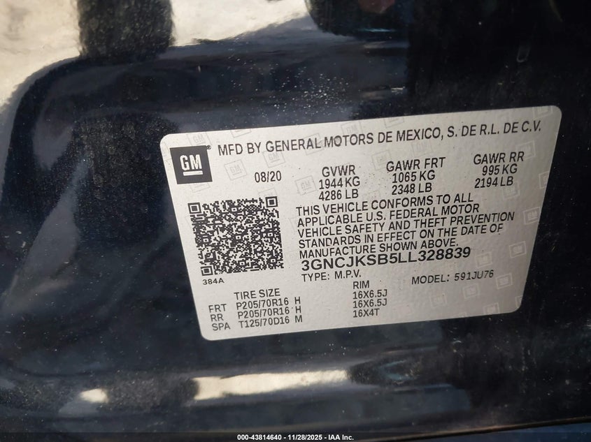 2020 Chevrolet Trax Fwd Ls VIN: 3GNCJKSB5LL328839 Lot: 43814640