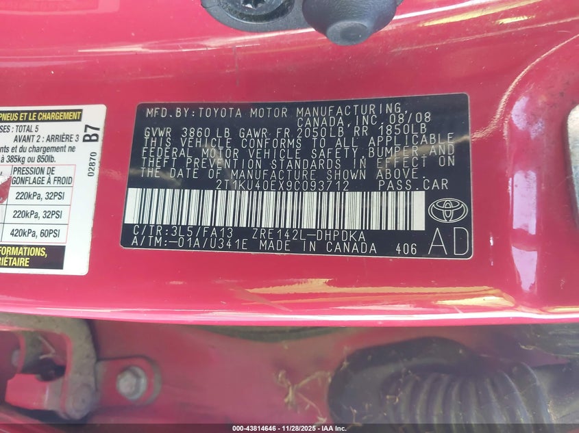 2009 Toyota Matrix VIN: 2T1KU40EX9C093712 Lot: 43814646