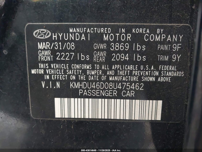 2008 Hyundai Elantra Gls/Se VIN: KMHDU46D08U475462 Lot: 43814649
