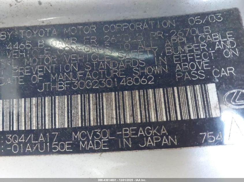 2003 Lexus Es 300 VIN: JTHBF30G230148062 Lot: 43814651