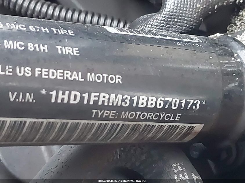 2011 Harley-Davidson Flhrc VIN: 1HD1FRM31BB670173 Lot: 43814655