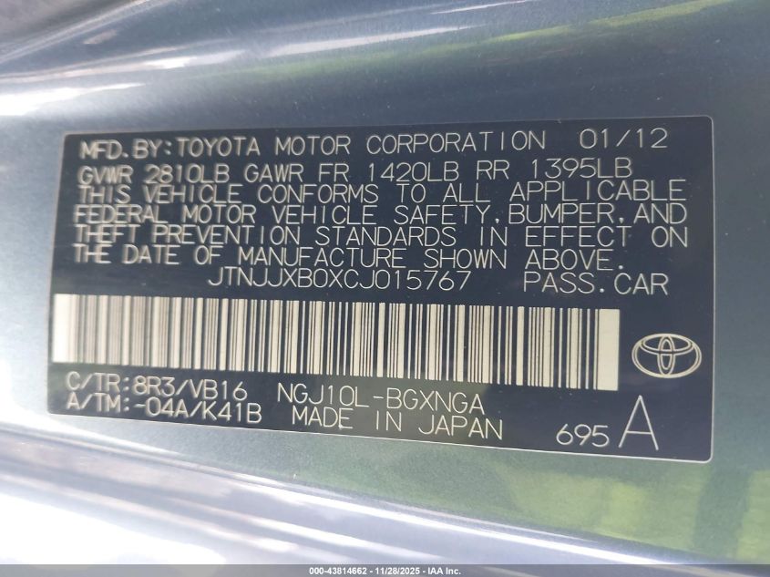 2012 Scion Iq VIN: JTNJJXB0XCJ015767 Lot: 43814662