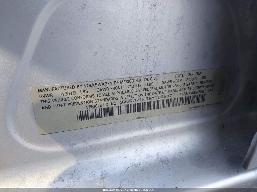 2008 Volkswagen Jetta Wolfsburg Edition VIN: 3VWRJ71K58M189537 Lot: 43814672