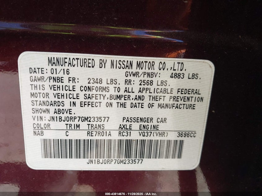 2016 Infiniti Qx50 VIN: JN1BJ0RP7GM233577 Lot: 43814676