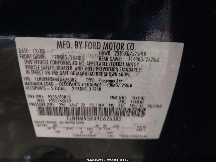 2009 Lincoln Mks VIN: 1LNHM93R49G626382 Lot: 43814679