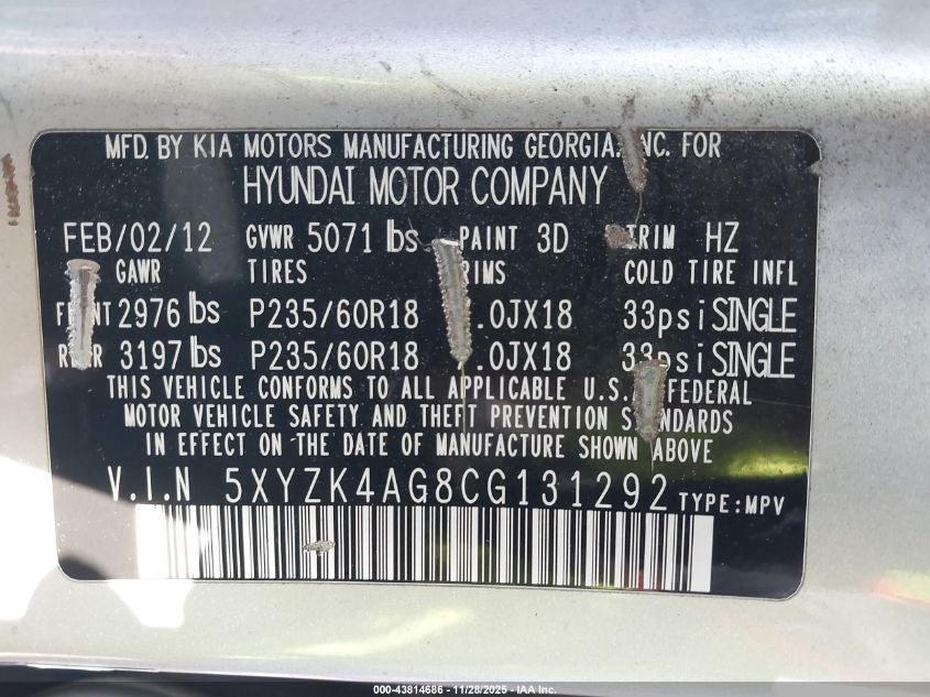 2012 Hyundai Santa Fe Limited V6 VIN: 5XYZK4AG8CG131292 Lot: 43814686