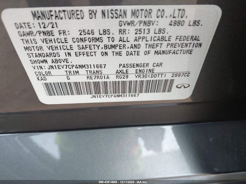 2022 Infiniti Q50 Sensory VIN: JN1EV7CP4NM311667 Lot: 43814689